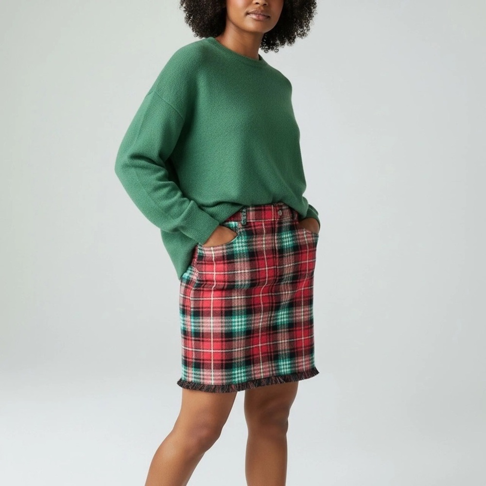 (A10) Cato Red Green‎ Plaid Fringe Edge Straight Casual Holiday Skirt L